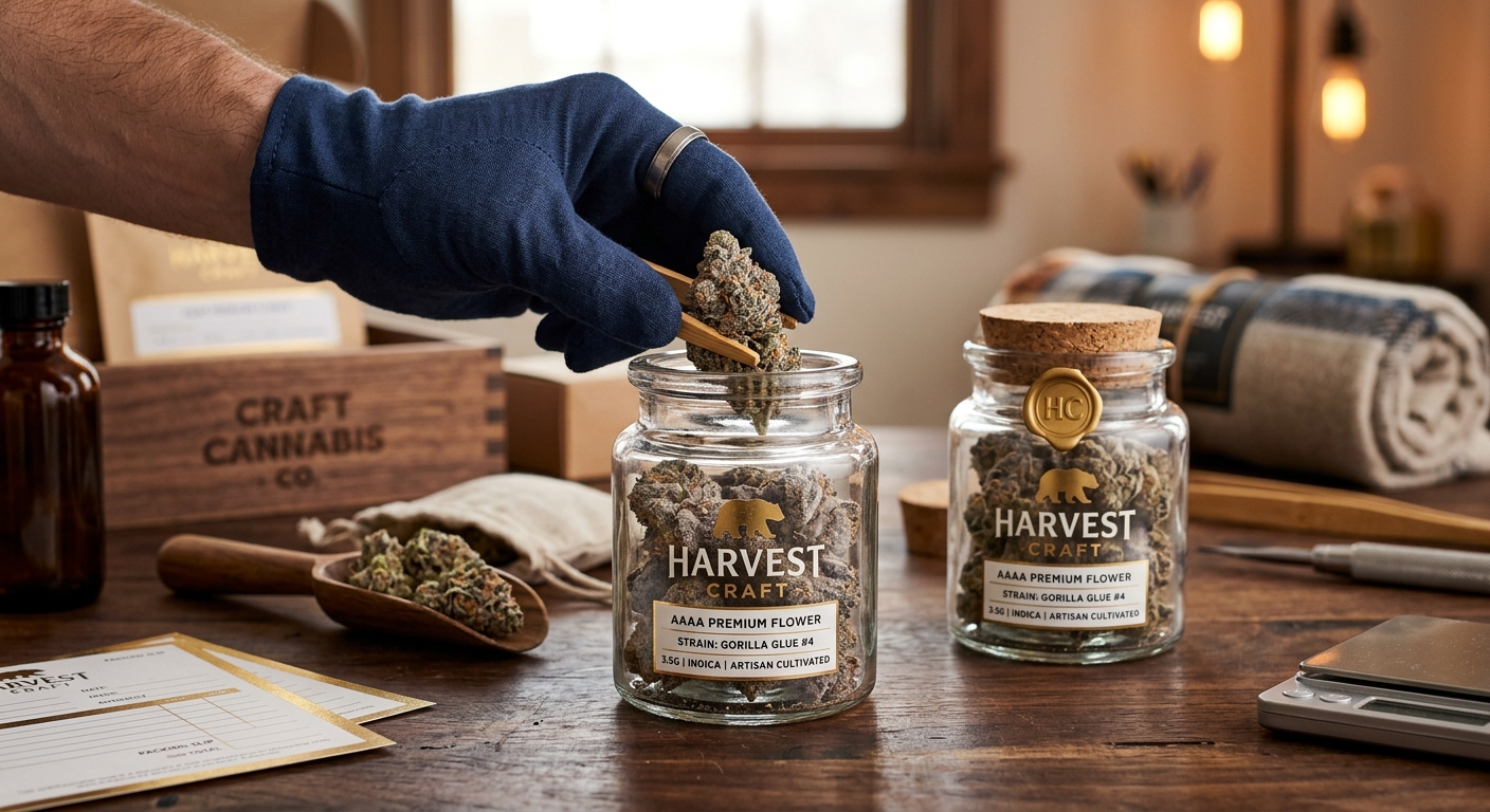 Premium BC cannabis flower being carefully packaged for delivery