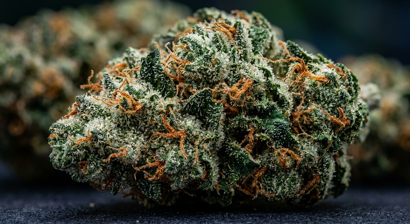 Close-up of frosty AAAA BC cannabis buds showing trichomes and orange hairs