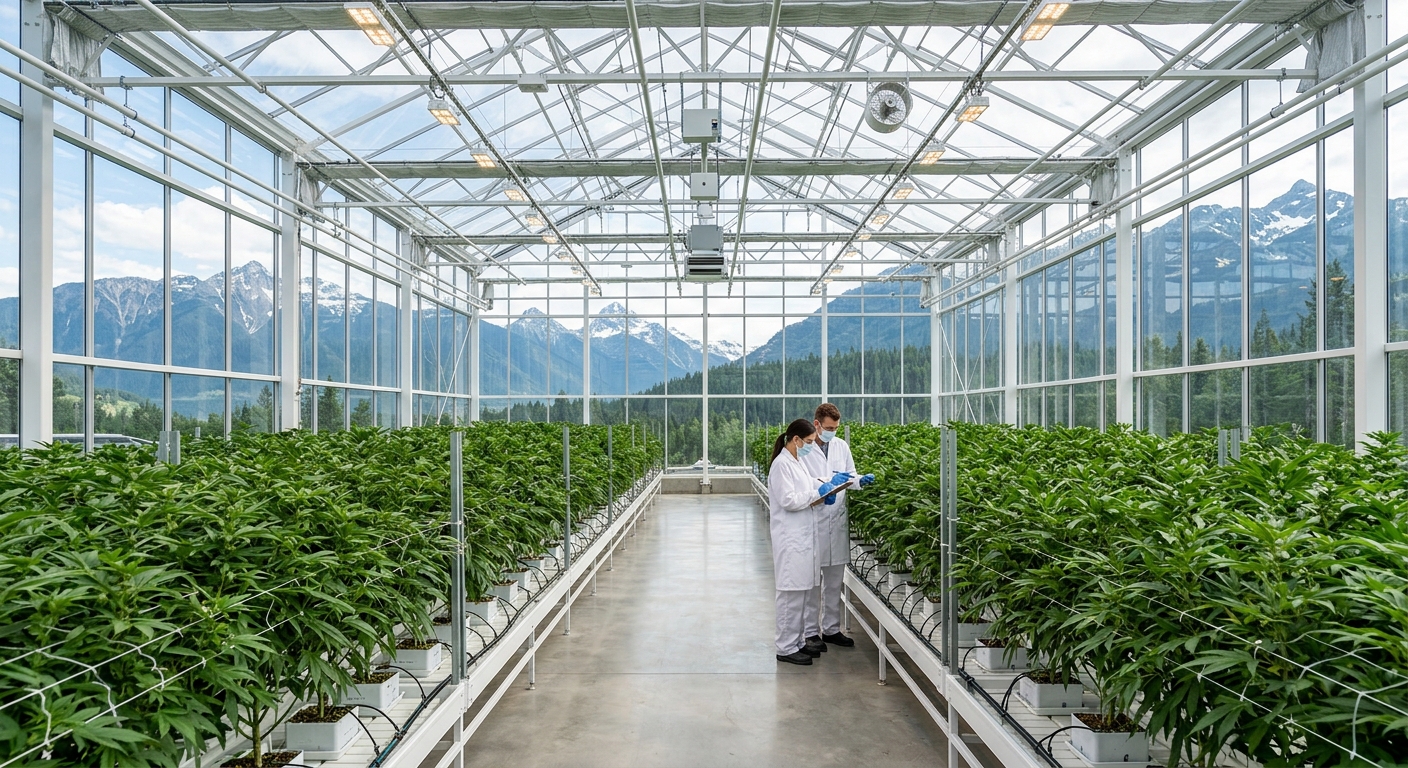 Cannabis cultivation greenhouse with BC mountains visible through glass walls