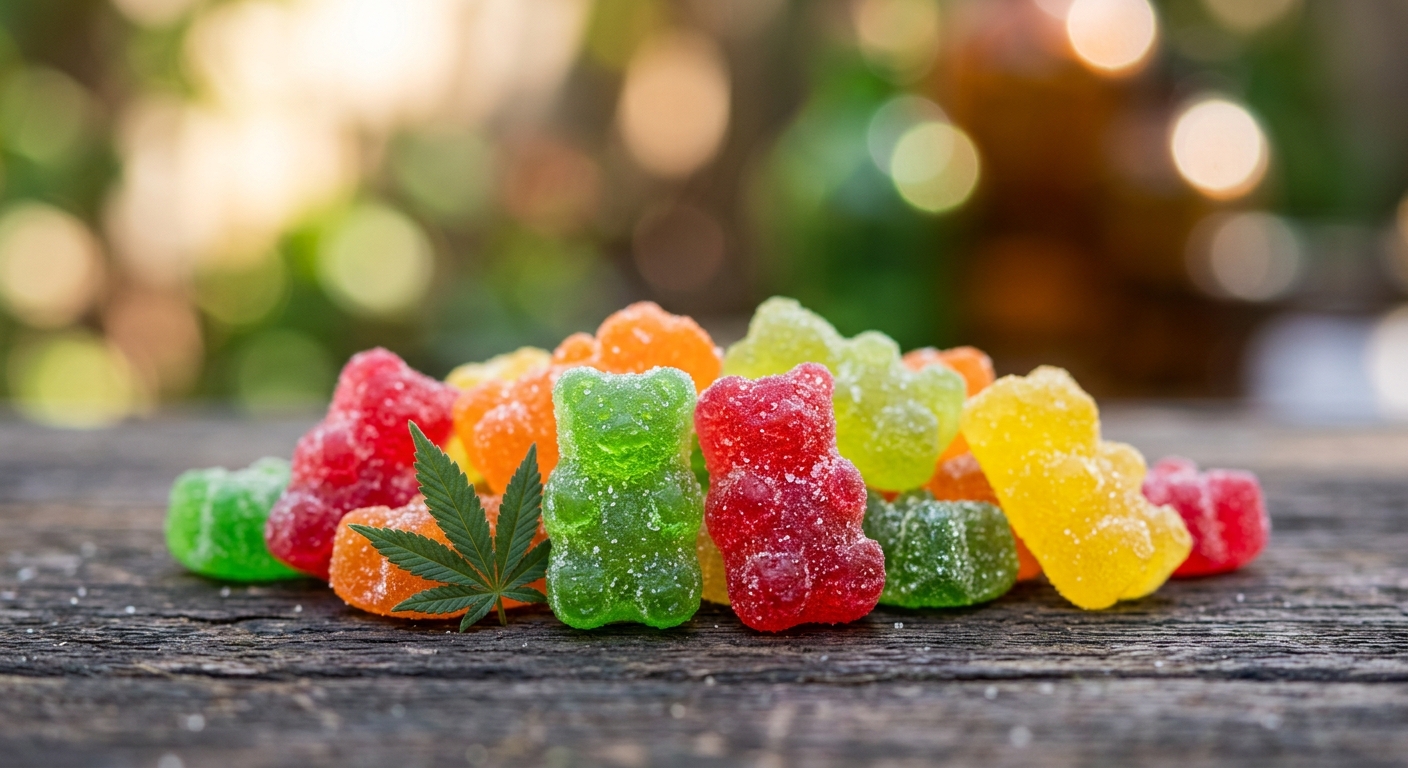 Vibrant colorful cannabis gummy bears with cannabis leaf accent