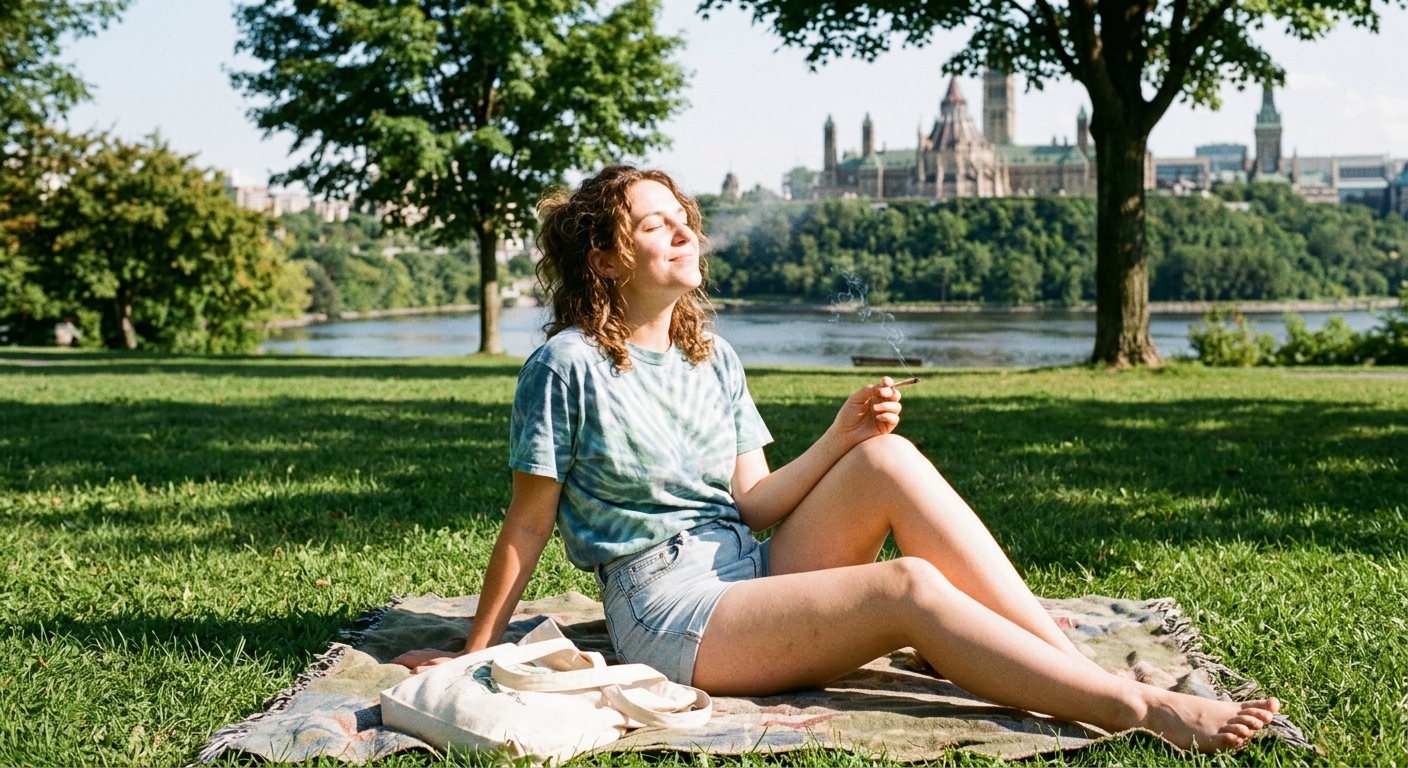 Person enjoying cannabis outdoors in a Canadian summer park near Ottawa
