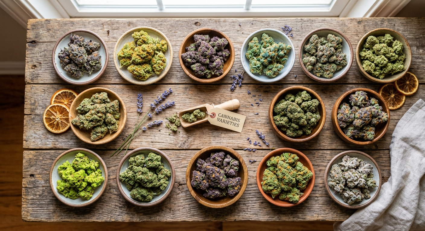 Colorful array of cannabis strains laid out on a wooden surface with summer vibes