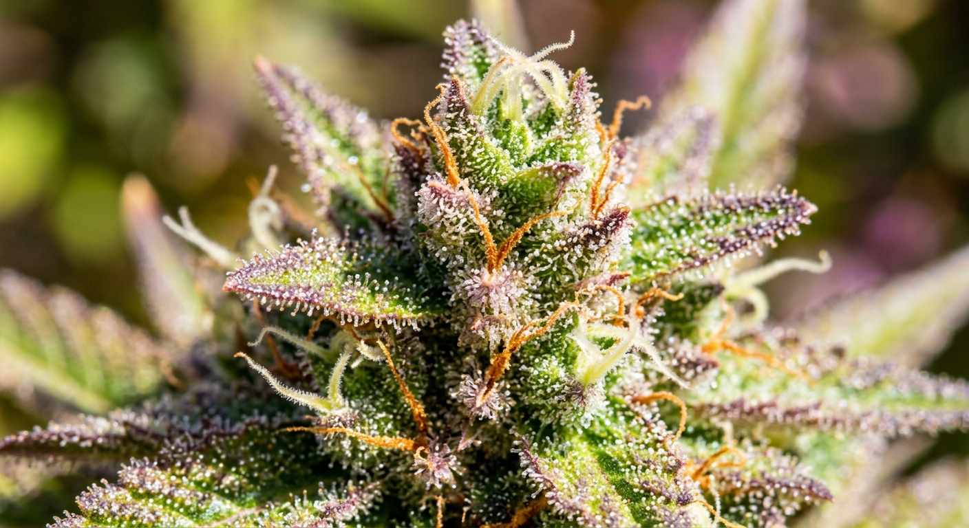 Close-up of premium sativa cannabis flower with glistening trichomes in sunlight