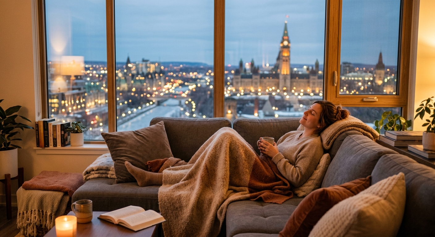 Person relaxing at home after edibles in Ottawa evening setting