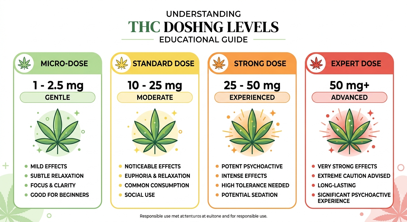 THC dosing guide infographic showing micro-dose, standard, strong and expert levels