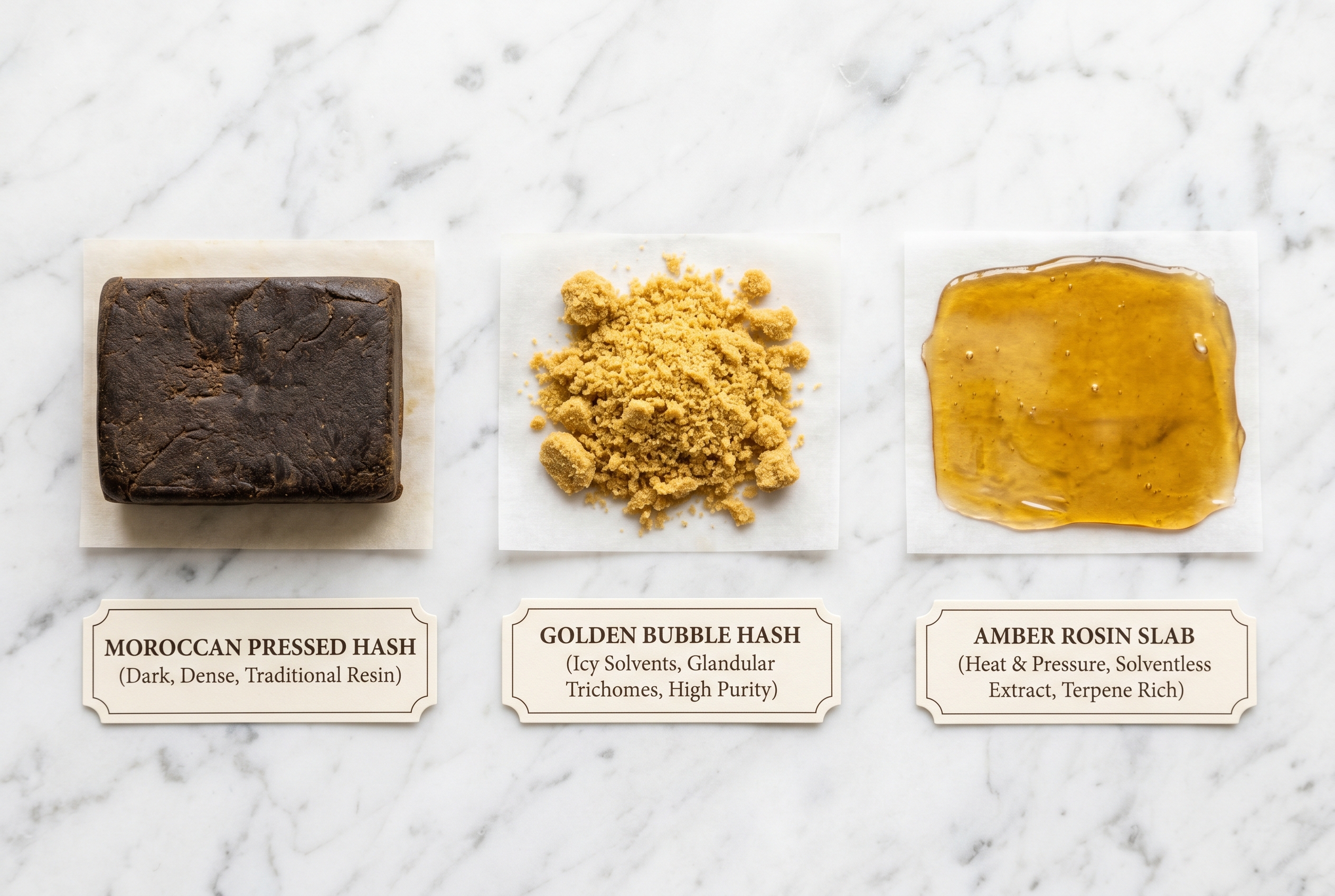 Comparison of different hash types available for delivery in Ottawa - Moroccan pressed, bubble hash, and rosin