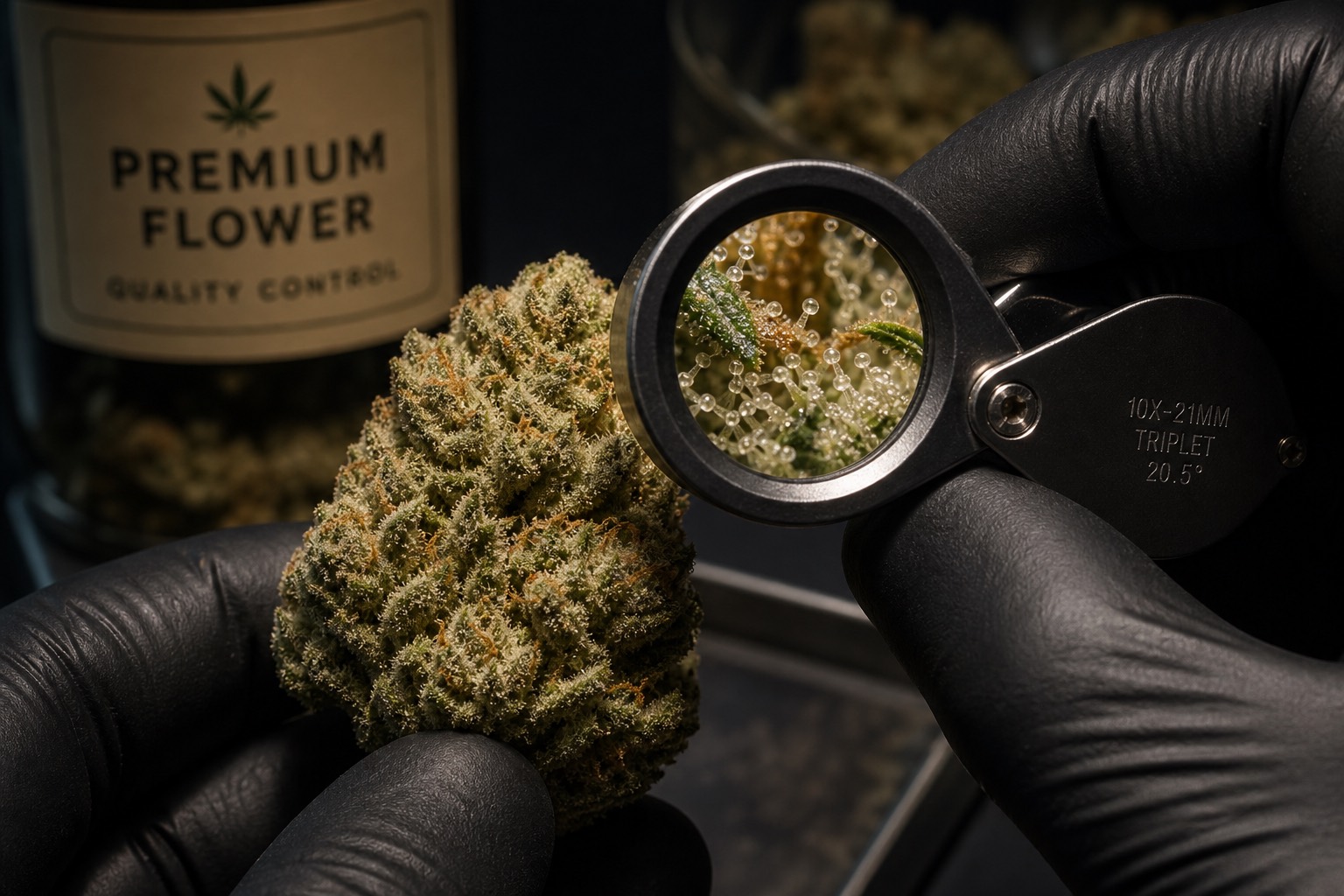 Cannabis quality inspection examining AAAA quad flower trichomes with magnifying loupe in Ottawa