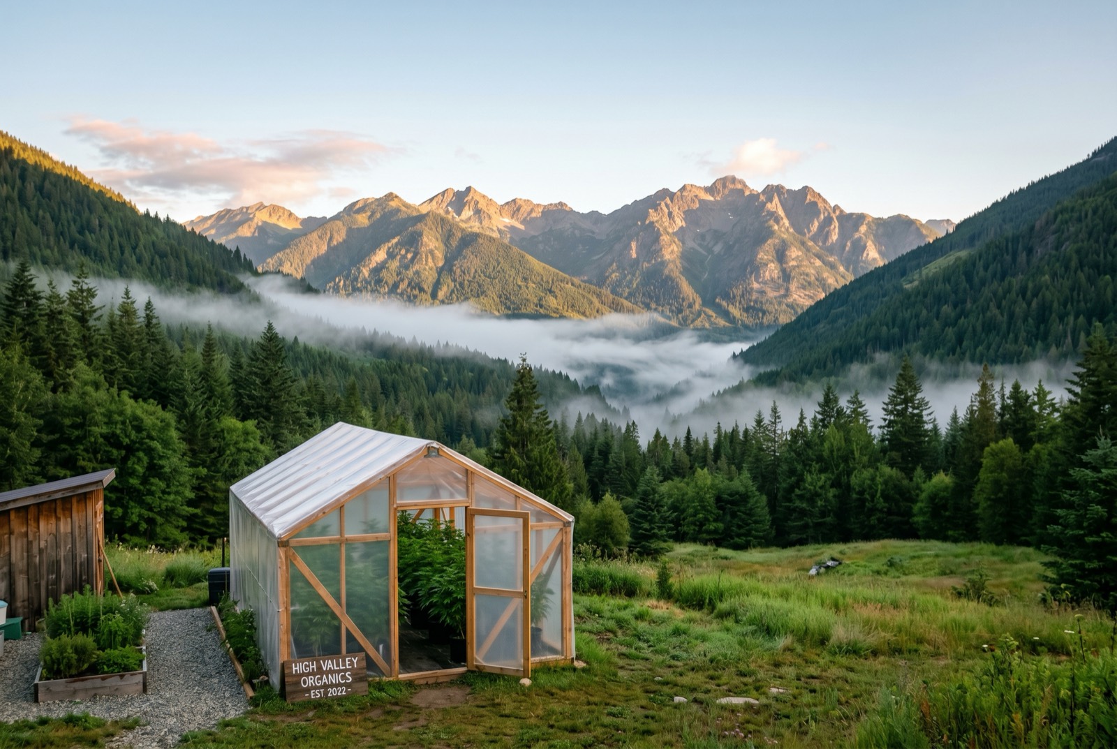 British Columbia craft cannabis growing environment with mountains and greenhouse in Ottawa delivery