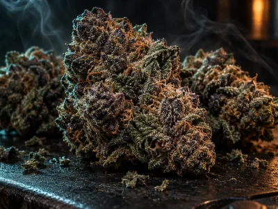 Close-up of frosty, dense cannabis buds beside an open glass jar, illustrating gassy flower quality