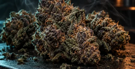 Close-up of frosty, dense cannabis buds beside an open glass jar, illustrating gassy flower quality