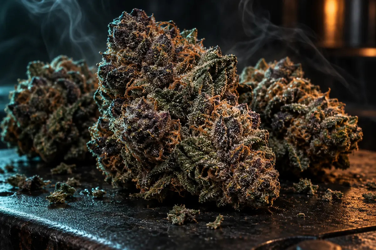 Close-up of frosty, dense cannabis buds beside an open glass jar, illustrating gassy flower quality