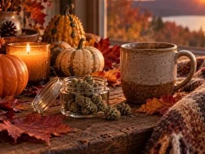 Autumn table with pumpkins and maple leaves beside a discreet Hydro Green Shop delivery bag, for Thanksgiving weekend in Ottawa