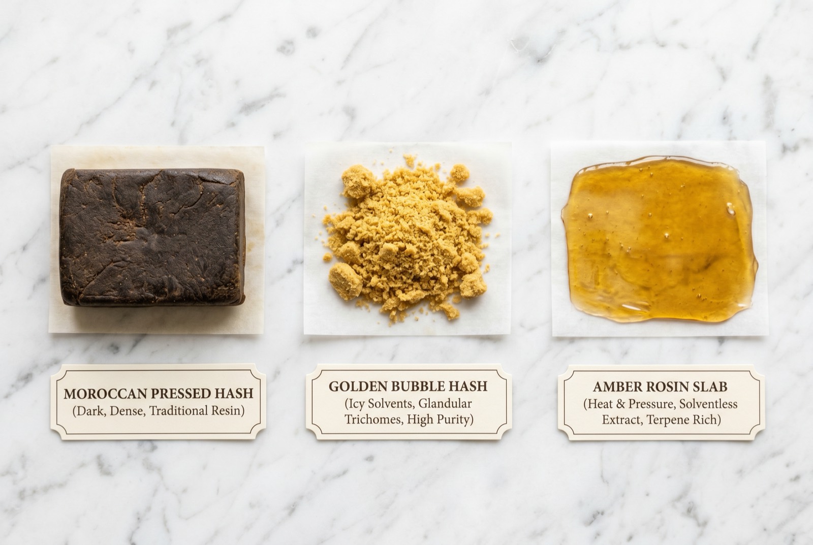 Comparison of different hash types available for delivery in Ottawa - Moroccan pressed, bubble hash, and rosin
