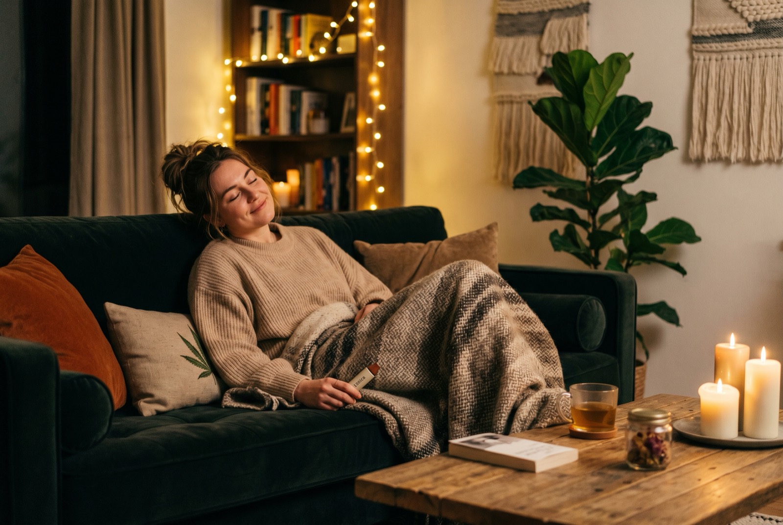 Indica cannabis relaxation effect showing cozy evening setting for Ottawa weed delivery customers