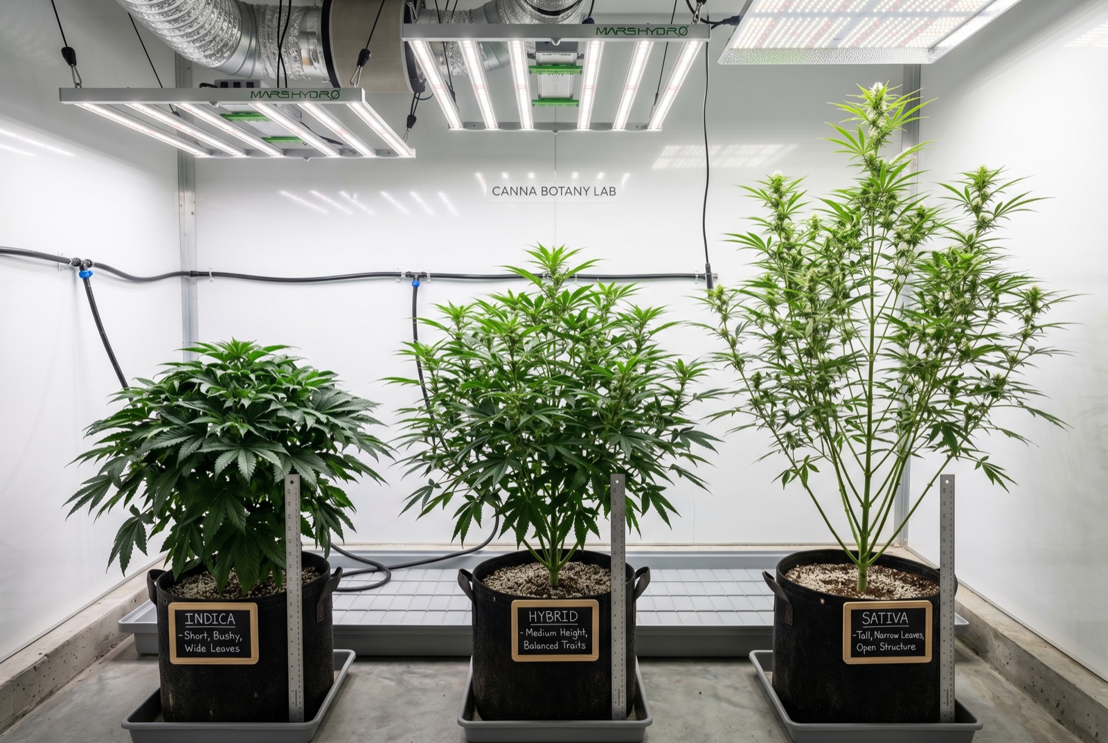 Indica sativa and hybrid cannabis plant comparison showing different growth structures for Ottawa strain guide