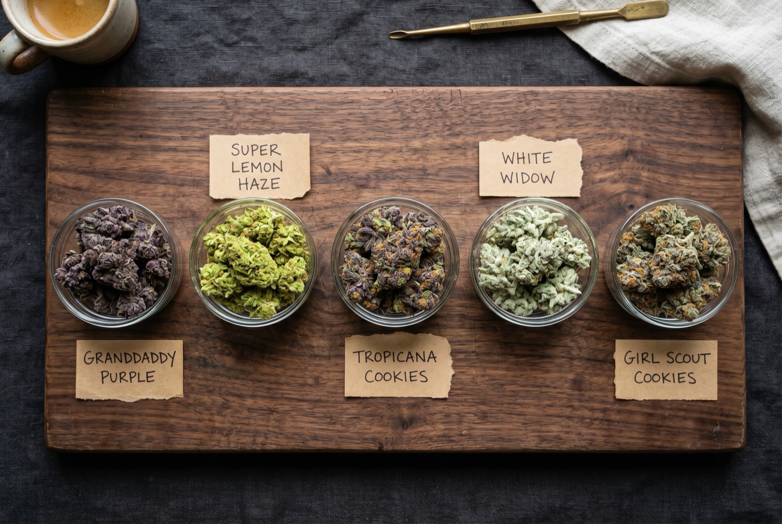 Premium AAAA quad cannabis strains displayed on dark wood board available for Ottawa delivery